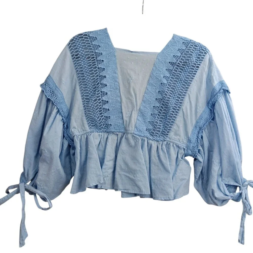 Free People Drive You Mad Women Blue Crocheted Crop Puff Sleeve Top XS Peplum